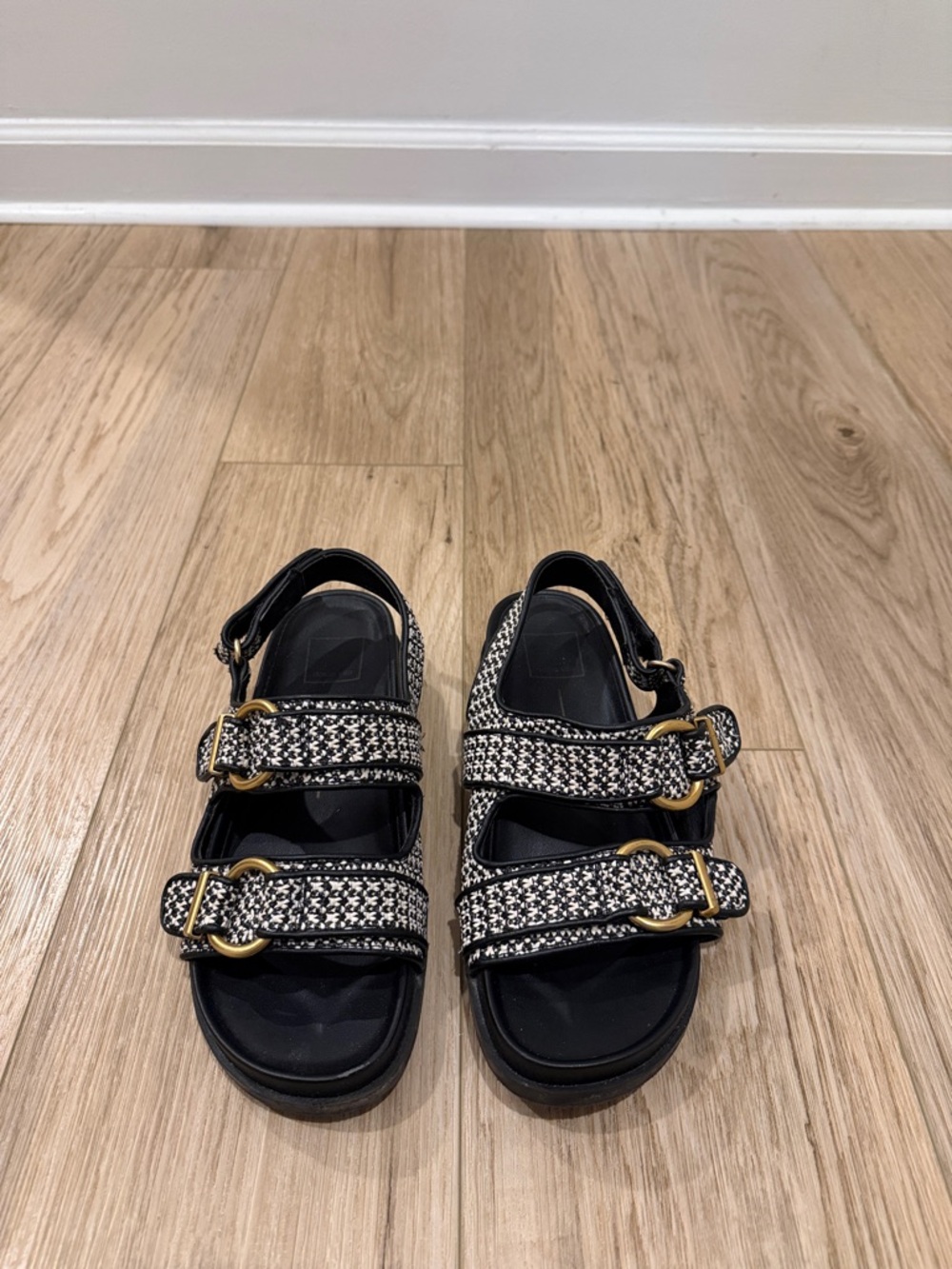 Dolce Vita Black and White Tweed Buckle Sandals